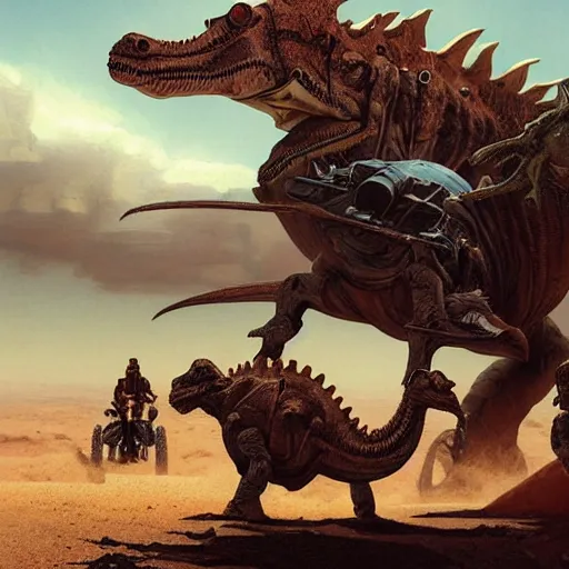 Prompt: hard metal rockers riding dinosaurs in the space desert, boris vallejo style, steampunk, hyper detailed, digital art, cinematic lighting, concept art by artgerm and greg rutkowski and caravaggio and moebius and jakub rebelka, 8 k