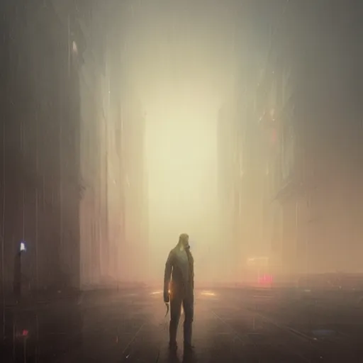 Image similar to portrait of a man by Greg Rutkowski, lee madgwick and hubert robert, VR headset, blade runner style, neon glow, vivid color, moody lighting, unreal engine, sunrise, epic skies, foggy