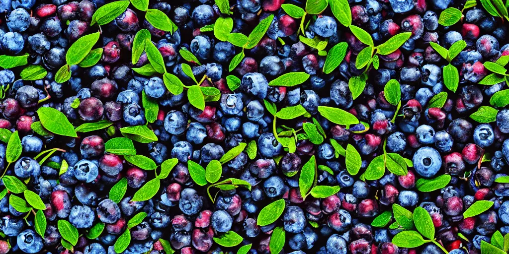 Image similar to artistic medium close-up stylized render of blueberry bushes in a forest. Digital art. 4K. Trending on artstation. Highly detailed. Nature. Artistic. Rustic. Nordic Wild
