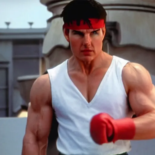 Image similar to Still of Tom Cruise as Ryu in Street Fighter, full body and ready to fight