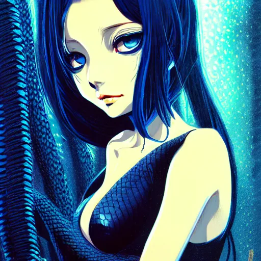 Prompt: seductive snake - girl, in the rain, highly detailed, painting, dark blue and black color palette, intricate, high quality anime artstyle, in the style of ilya kuvshinov