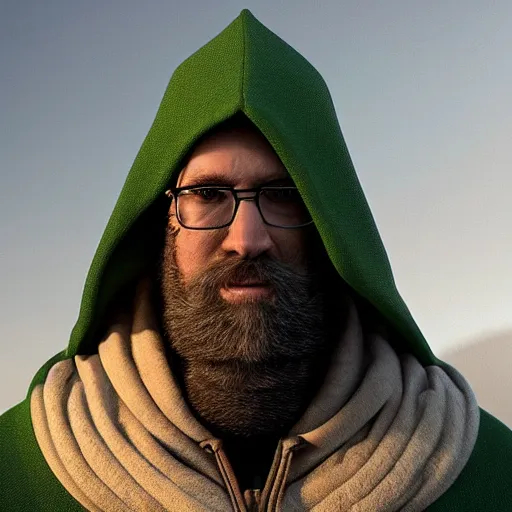 Prompt: green hooded wizard with a long brown beard wearing glasses, realistic, 8 k, extremely detailed, cgi, trending on artstation, hyper - realistic render, by greg rutkowski