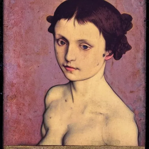 Prompt: a beautiful young lady with huge bright silver eyes, colored vintage daguerreotype by pontormo, by bosch, by Mackintosh, by max ernst, by schiele, contemporary art noveau, highly detailed, strong lights, liminal, eerie, Bright pastel colors