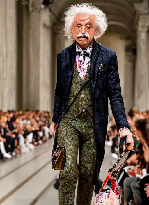 Image similar to hyperrealistic and heavy detailed gucci runway show of albert einstein, leica sl 2 5 0 mm, vivid color, high quality, high textured, real life