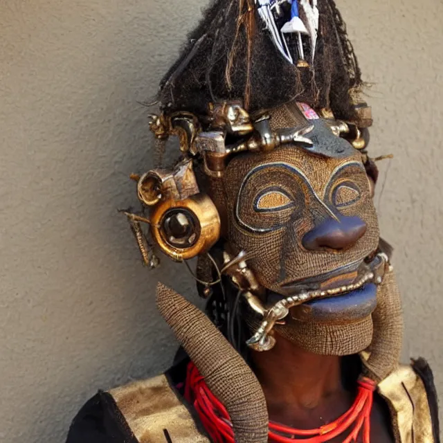 Image similar to a beautiful cyborg made of african ceremonial masks