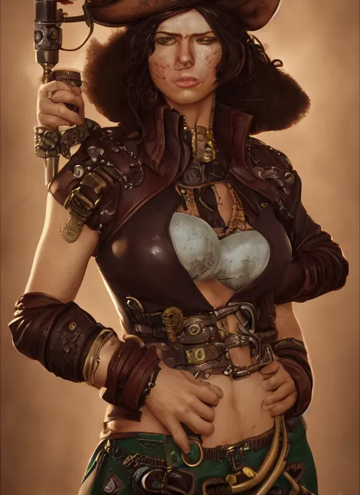 Image similar to steampunk pirate portrait of shehulk, hyper detailed, digital art, cinematic lighting, studio quality, smooth render, unreal engine 5, octane rendered, art style by klimt and nixeu and ian sprigger and wlop and krenz cushart.