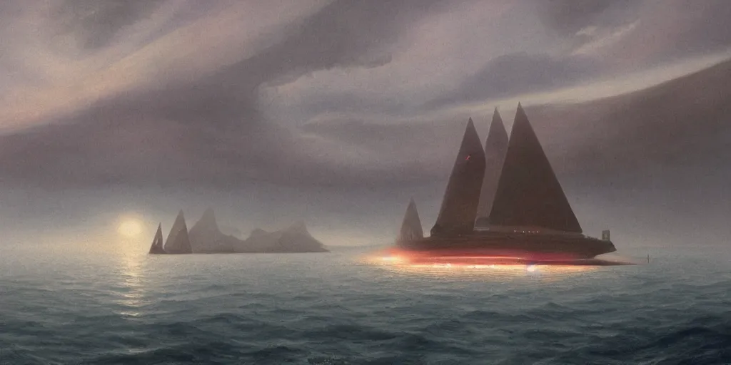 Image similar to a huge ferry sailing in the sea with a vertical island in the far back, misty night, ralph maquarrie and syd mead cinematic matte painting, 4 k