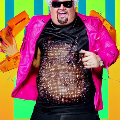 Prompt: guy fieri covered in chocolate wearing a neon colored mesh crop top and pit vipers