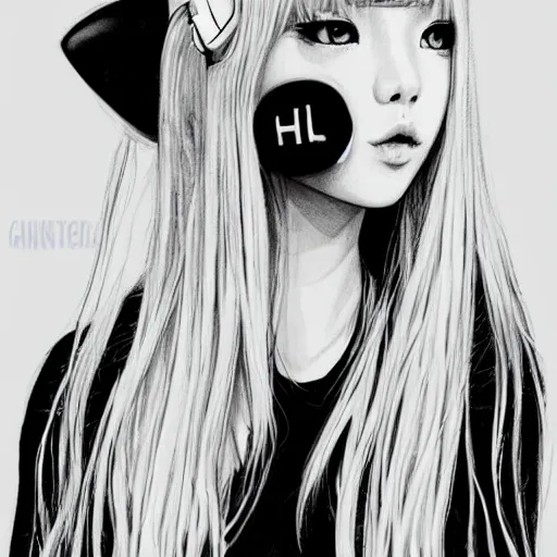 Image similar to realistic beautiful gorgeous natural cute Blackpink Lalisa Manoban blonde hair cute fur blonde cat ears, wearing camisole, wearing headphones, wearing black leather choker artwork drawn full HD 4K highest quality in artstyle by professional artists WLOP, Taejune Kim, Guweiz on Artstation Pixiv