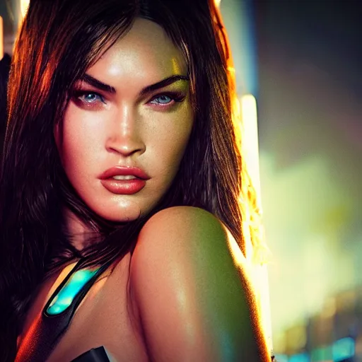 Image similar to Megan Fox portrait, Cyberpunk 2077, ultra photorealistic, cybernetic body parts, neon, octane, bokeh, 8k