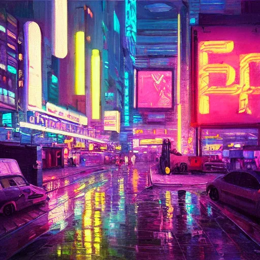 Image similar to an impressionist oil painting of a cyberpunk city with a lot of neon signs, highly detailed, texture, masterpiece, trending on artstation, pink, purple, huge scale, beautiful