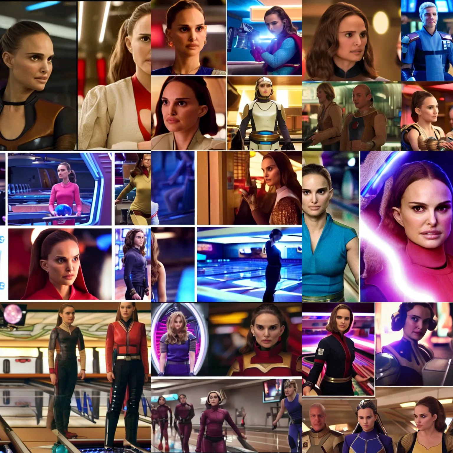 Prompt: TV still, Natalie Portman/Padme Amidala in a bowling alley, bowling with a planet, tv still from the CW TV series 'Legends of Tomorrow'