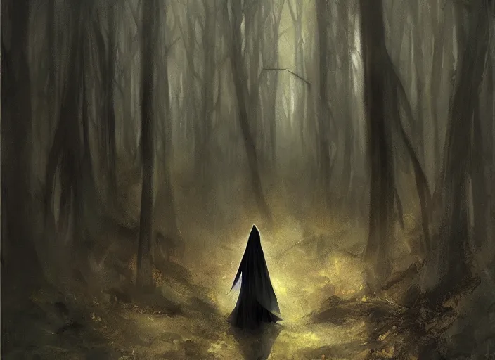 Prompt: A figure with a dark cloak wondering around in a forest, Greg Rutkowski