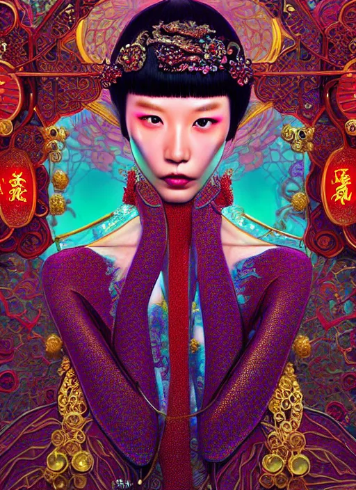 Image similar to pretty chinese model with futuristic diamonds and jewelry : : by martine johanna and simon stalenhag and chie yoshii and casey weldon and wlop : : ornate, dynamic, particulate, rich colors, intricate, elegant, highly detailed, vogue, harper's bazaar art, fashion magazine, smooth, sharp focus, 8 k, octane render,