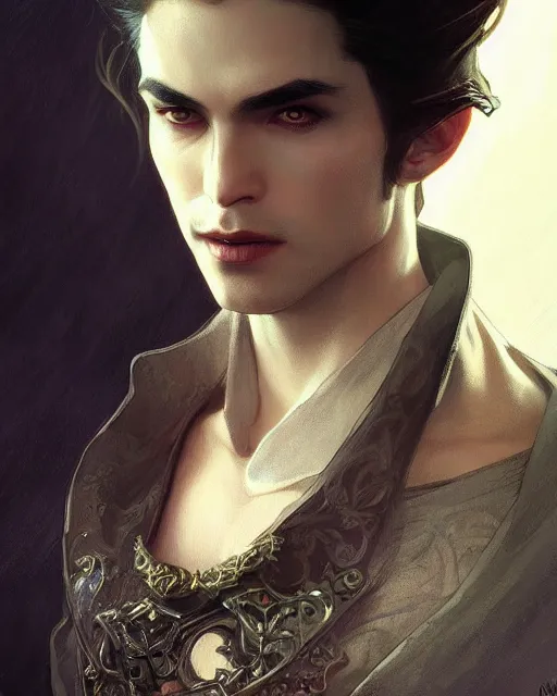 Prompt: up close portrait of a beautiful vampire prince, d & d, face, fantasy, intricate, elegant, highly detailed, digital painting, artstation, concept art, smooth, sharp focus, illustration, art by artgerm and greg rutkowski and alphonse mucha