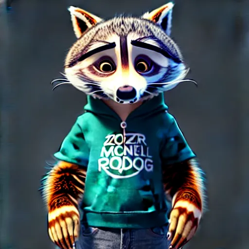 Image similar to a very relaxed stoner with a black hoodie on with a furry raccoon head from zootopia, wearing teal beanie, holding a small vape, blowing out smoke, 3 d render, 8 k, 4 k, extremely detailed fur, wearing a cool marijuana leaf t - shirt