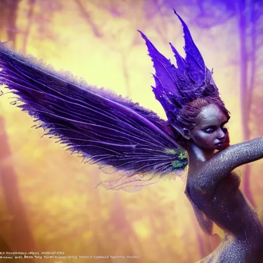 Image similar to full body pose, hyperrealistic photograph of moss fairy, symmetrical wings, dim volumetric lighting, 8 k, octane beautifully detailed render, extremely hyper detailed, intricate, epic composition, cinematic lighting, masterpiece, trending on artstation, very very detailed, stunning, hdr, smooth, sharp focus, high resolution, award, winning photo, dslr, 5 0 mm