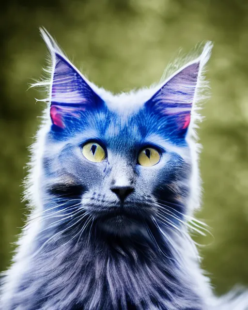 Prompt: An extremely beautiful studio photo of a blue Maine Coon cat (it\'s a cat but it\'s bright blue), bokeh, 90mm, f/1.4