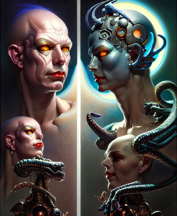 Image similar to beautiful gemini good and evil fantasy character portrait, ultra realistic, wide angle, intricate details, the fifth element artifacts, highly detailed by peter mohrbacher, hajime sorayama, wayne barlowe, boris vallejo, aaron horkey, gaston bussiere, craig mullins