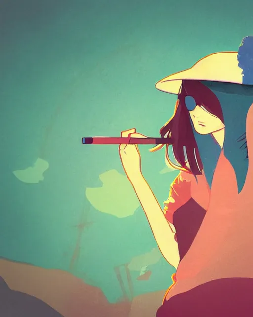 Image similar to girl with beret smoking a cigarette, colored manga panel, drawn by Anton Fadeev