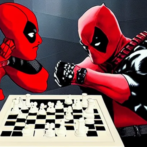 Image similar to daredevil and deadpool sat by a chess table