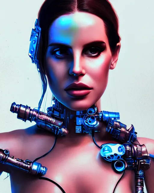 Prompt: portrait of lana del rey as a cyberpunk cyborg. intricate abstract. intricate artwork, tear drops, roses, by tooth wu, wlop, beeple, dan mumford. concept art, octane render, trending on artstation, greg rutkowski, asymmetrical, cinematic arthouse, key art, hyper realism, iridescent accents