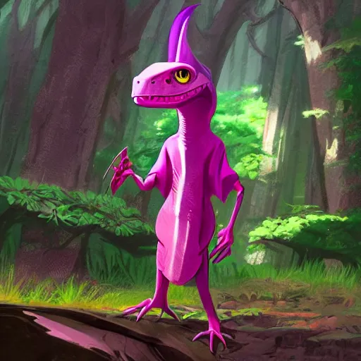 Image similar to concept art painting of an anthropomorphic lizard wearing magenta wizard robes, in the deep forest, realistic, detailed, cel shaded, in the style of makoto shinkai and greg rutkowski and james gurney