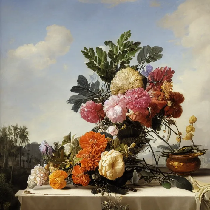 Image similar to still life painting of a beautiful bouquet of flowers by pieter claesz, palm trees in the background, oil on canvas, strong lighting, highly detailed, hyper realism, golden hour, god rays, hd, 4 k