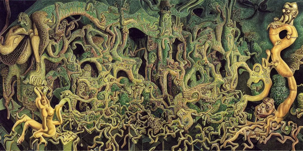 Image similar to basilisk, pain, pleasure, suffering, adventure, love, abstract oil painting by mc escher and salvador dali and raqib shaw sandman dream palace