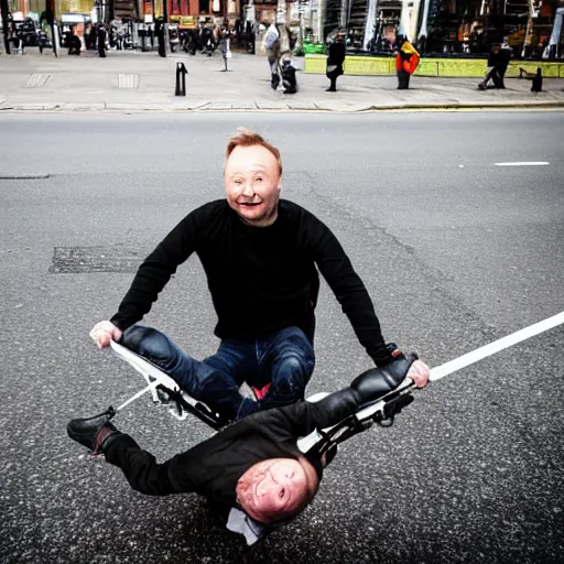 Image similar to Limmy in a bike crash falling of his bike, blood, Glasgow, photorealistic