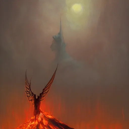 Prompt: A highly detailed 4K fantasy matte painting of an angle on fire portrait. zdzislaw beksinski, by Ricardo Ow, ArtStation, CGSociety, Unreal Engine