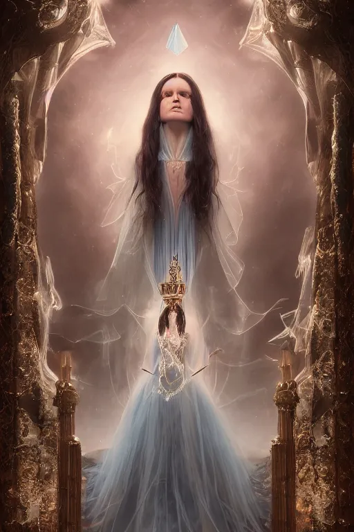 Image similar to Atmospheric detailed photography of a beautiful magician , wearing crystal fractal tiara, Symmetrical composition, fantasy long intricate gown, sharp focus, octane render, high quality, 8k, volumetric lighting, color grading, by Tom Bagshaw and James Jean and Artgerm