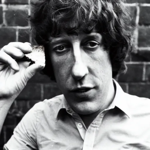Prompt: bert jansch delightedly holding a sandwich up to the camera, photograph, 1 9 6 9