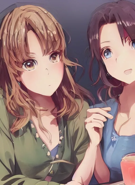 Image similar to two beautiful mothers sitting across from each other, summer clothes, gorgeous faces, thick lines, cinematic lighting, detailed anime art