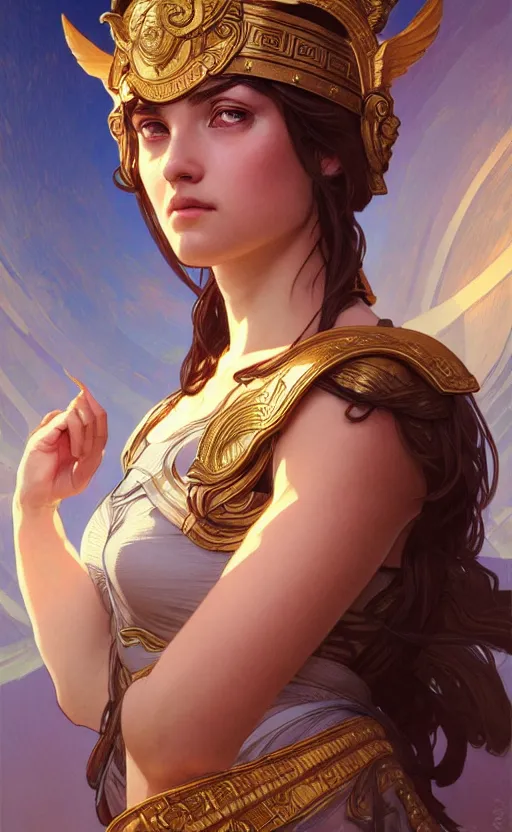 Image similar to portrait of the goddess athena, greek mythology, intricate, headshot, highly detailed, digital painting, artstation, concept art, sharp focus, cinematic lighting, illustration, art by artgerm and greg rutkowski, alphonse mucha, cgsociety