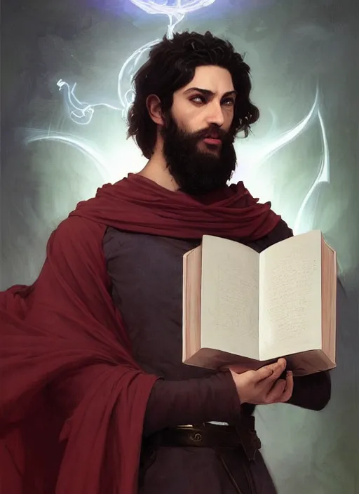 Image similar to character concept portrait of an attractive young focused Spanish wizard with pale red skin enchanting an arousal spell, a floating iridescent spell book in the center, intricate, elegant, digital painting, concept art, smooth, sharp focus, illustration, from Metal Gear, by Ruan Jia and Mandy Jurgens and William-Adolphe Bouguereau, Artgerm