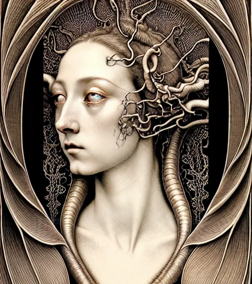 Image similar to beautiful young orchidwoman detailed realistic porcelain face portrait by jean delville, gustave dore, iris van herpen and marco mazzoni, art forms of nature by ernst haeckel, art nouveau, symbolist, visionary, gothic, neo - gothic, pre - raphaelite, fractal lace, intricate alien botanical biodiversity, surreality, hyperdetailed ultrasharp octane render