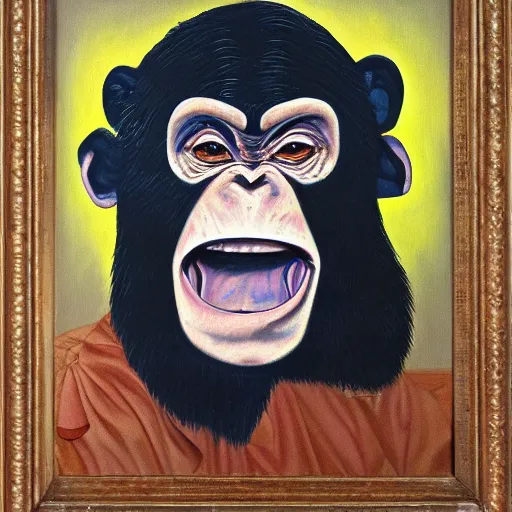 Image similar to portre of an autistic demonic chimpanzee on acid, masonic and kabalistic symbols in background, oil painting