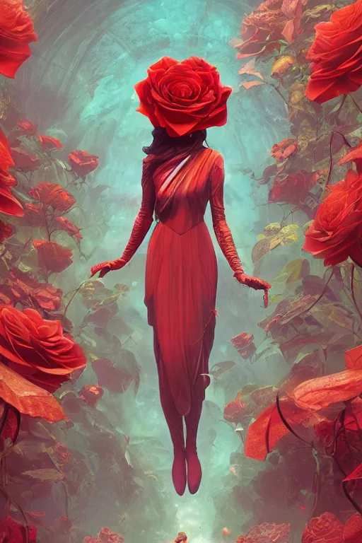 Image similar to Red Rose Garden, Art Nouveau Cosmic 4k Detailed Matte Illustration featured on Getty Images ,CGSociety, Jade and Carrot orange color scheme, Pastiche by Marc Simonetti, Pastiche by Cedric Peyravernay