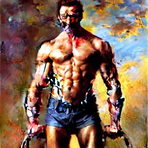 Prompt: muscular hugh jackman performs on broadway, painting by gaston bussiere, craig mullins, j. c. leyendecker, tom of finland