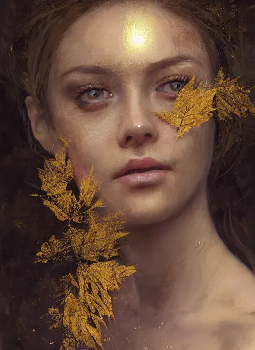 Image similar to golden leaves, creative composition for a book cover, moon, beautiful portrait painting by jeremy mann, a female witch absurdly beautiful, elegant, ultrafine hyperrealistic detailed face illustration by wlop and artgerm and greg rutkowski, intricate linework, sharp focus, smooth, octopath traveler, final fantasy, unreal engine, dramatic lighting, ethereal, 8 k