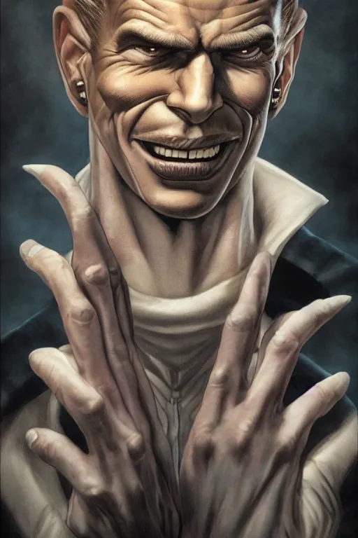 Image similar to aesthetic digital portrait of a handsome young man with a sinister grin by brian bolland, rachel birkett, alex ross, and neal adams | dark, intimidating, imposing, portrait, character concept, concept art, unreal engine, finalrender, centered, deviantart, artgerm