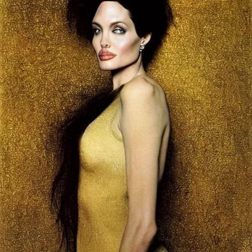 Image similar to an amazing award winning photo of angelina jolie as of adele bloch - bauer by gustav klimt