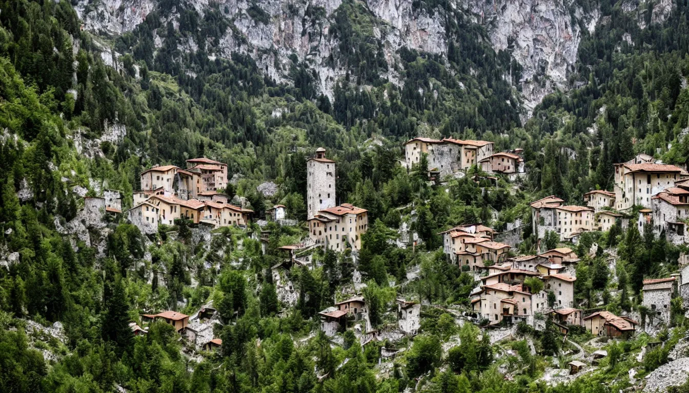 Prompt: an abandoned italian town in the dolomites mountains, overgrown