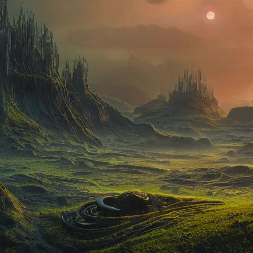 Image similar to a beautiful matte painting of an alien landscape of lush and mystical flora, remnants of a crashed spaceship, alien creatures emerging, sunrise, by Giger and Ralph McQuarrie and Bruce Pennington, cinematic lighting, ambient light, hyperrealism, hires, octane render, 8k, iridescent accents, vray