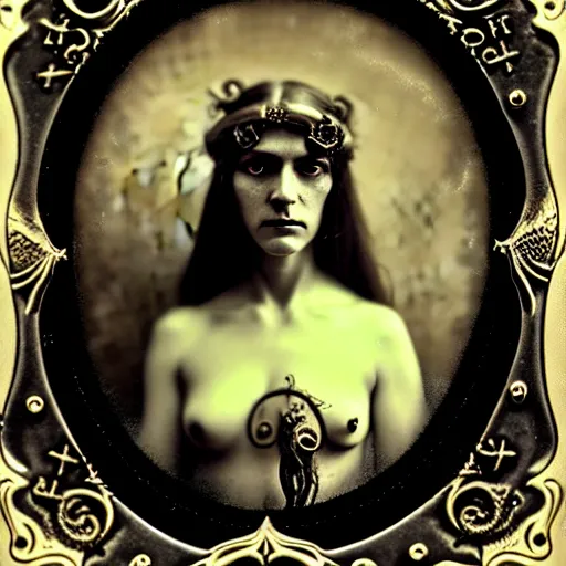 Prompt: beautiful woman with tentacles for hair wearing occult jewelry. daugerreotype of cthulhu high priestess. ambrotype of occult priestess. tintype of a beautiful woman. priestess of dagon. cursed priestess. daugerreotype. baroque frame