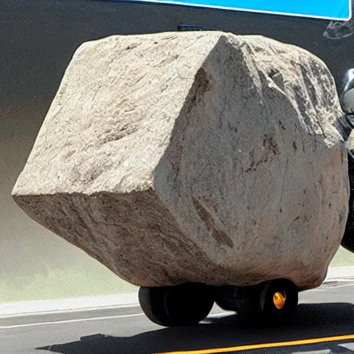 Image similar to Elon Musk throwing a giant boulder into his cybertruck in an expo