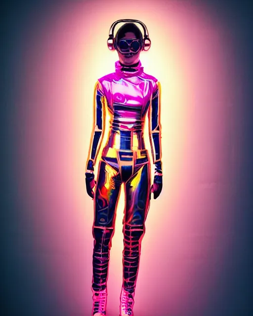 Image similar to full body shot of young punk woman dressed in futuristic cyberpunk clothing, colorful, night, soft light, bjork aesthetic, translucent, by rineke dijkstra and artgerm, intricate details, highly detailed, masterpiece, 8 5 mm