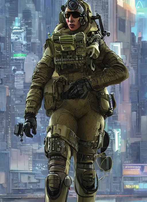 Image similar to Dinah. USN special forces futuristic recon operator, cyberpunk military hazmat exo-suit, on patrol in the Australian autonomous zone, deserted city skyline. 2087. Concept art by James Gurney and Alphonso Mucha. (Metal Gear Solid 6, rb6s)