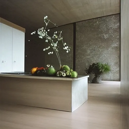 Image similar to “extravagant luxury modern kitchen, interior design, natural materials, fresh flowers in a vase, a fruit bowl, by Tadao Ando and Koichi Takada”